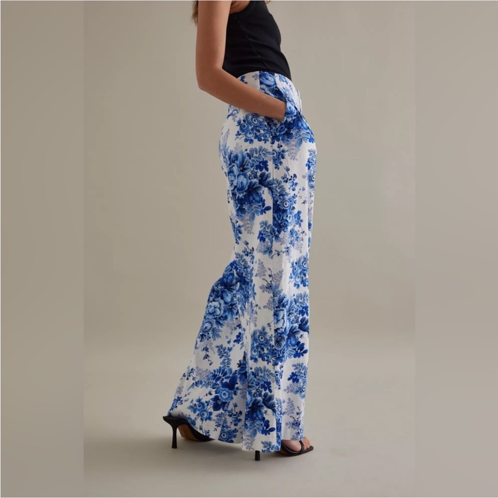 Anthropologie Maeve Wide-Leg Pants with Blue Floral Print
